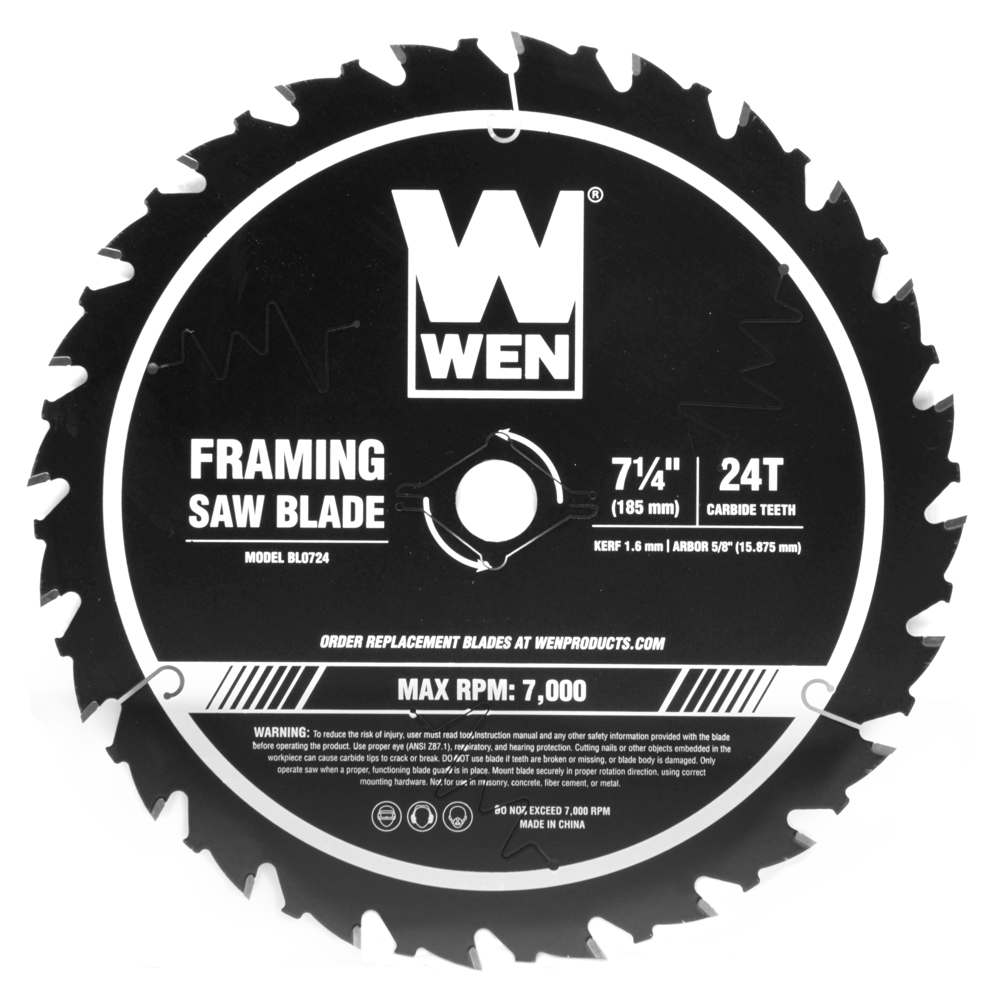 WEN 24-Tooth Carbide-Tipped Framing Saw Blade - 7.25in. dia., 5/8in. Arbor, Ultra-Thin Kerf, Model# BL0724